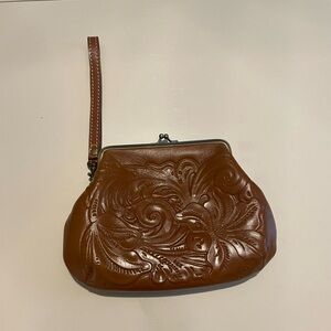 Patricia Nash Savena Tooled Leather Clutch Wristlet Bag in Burnished Brown